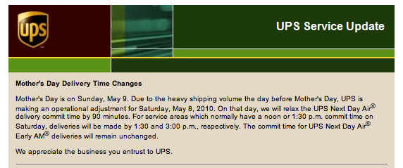 Mother's Day Shipping extension UPS